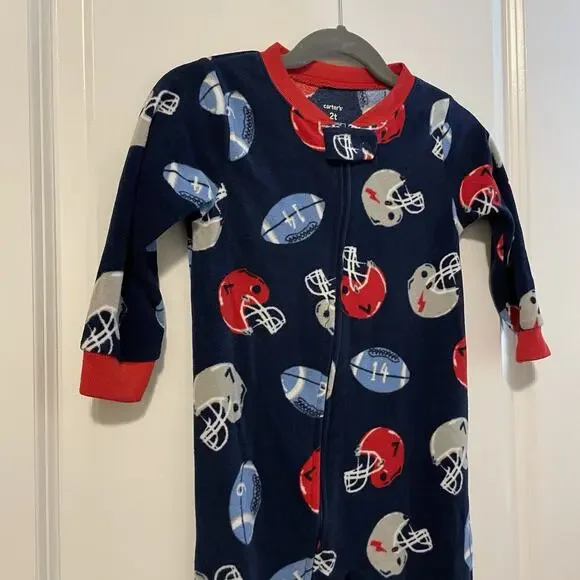 Carter's Toddler Boy's 2T Football Print Fleece Footed Pajama Sleeper Sport PJs - Picture 3 of 6